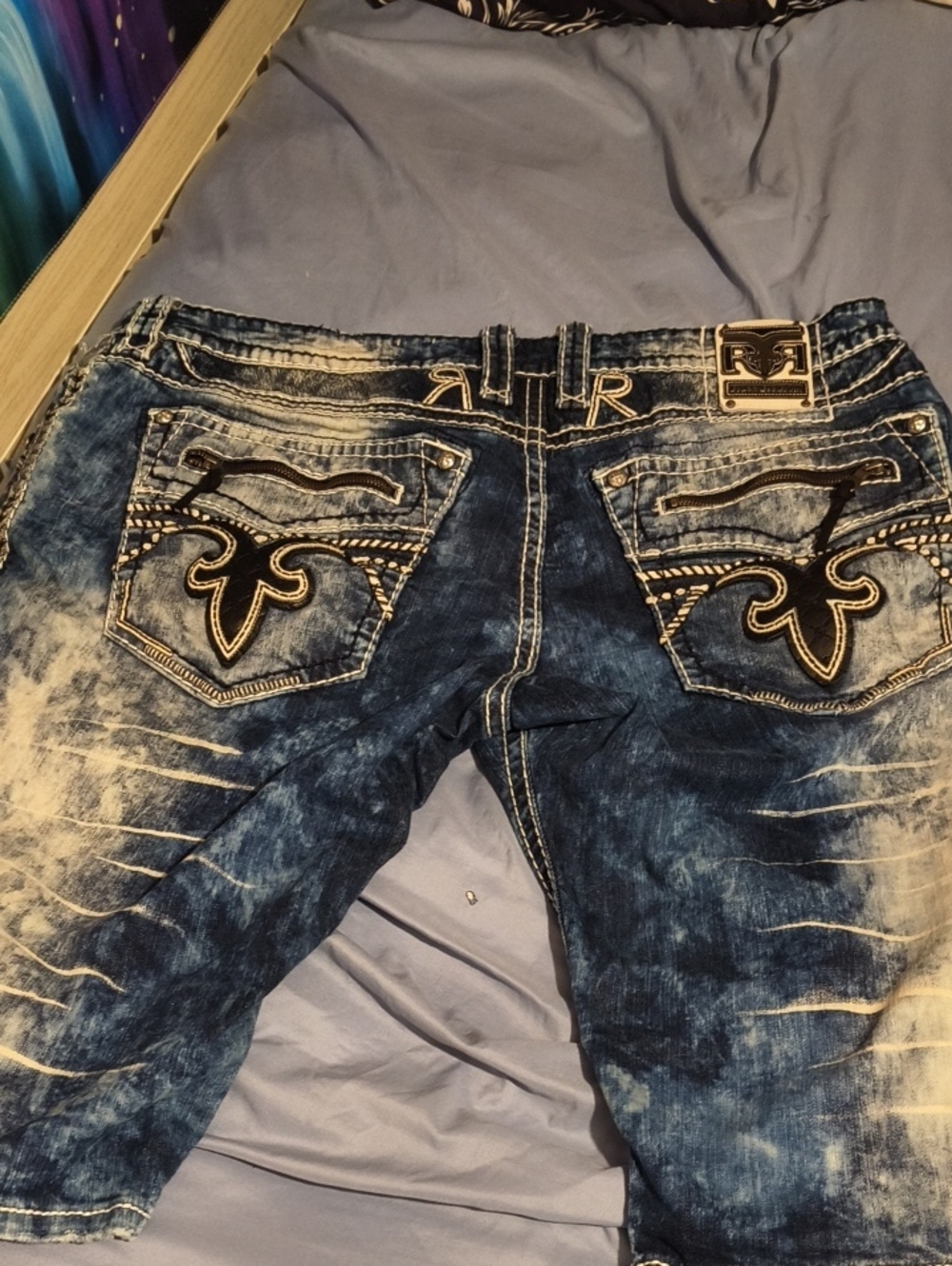 Rock Revival Men’s Blue Acid-Wash Jean Shorts with Embroidered Pockets
